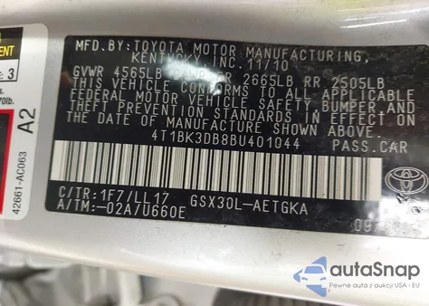 2011 Toyota Avalon z USA, uszkodzony, nr VIN 4T1BK3DB8BU401044